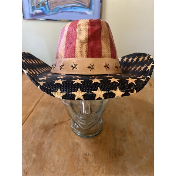 Men's American Flag Cowboy Hat, Striped Western Tea-Stained USA Shape-It Brim - Picture 3 of 6